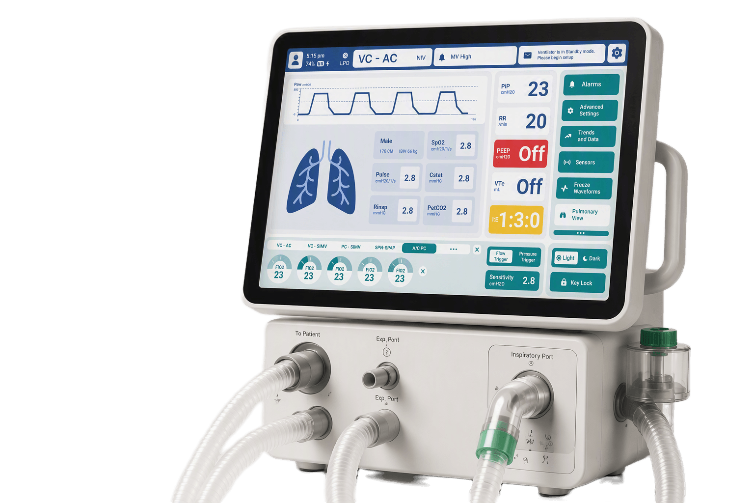 Ventilator HMI interface on a critical care ventilator