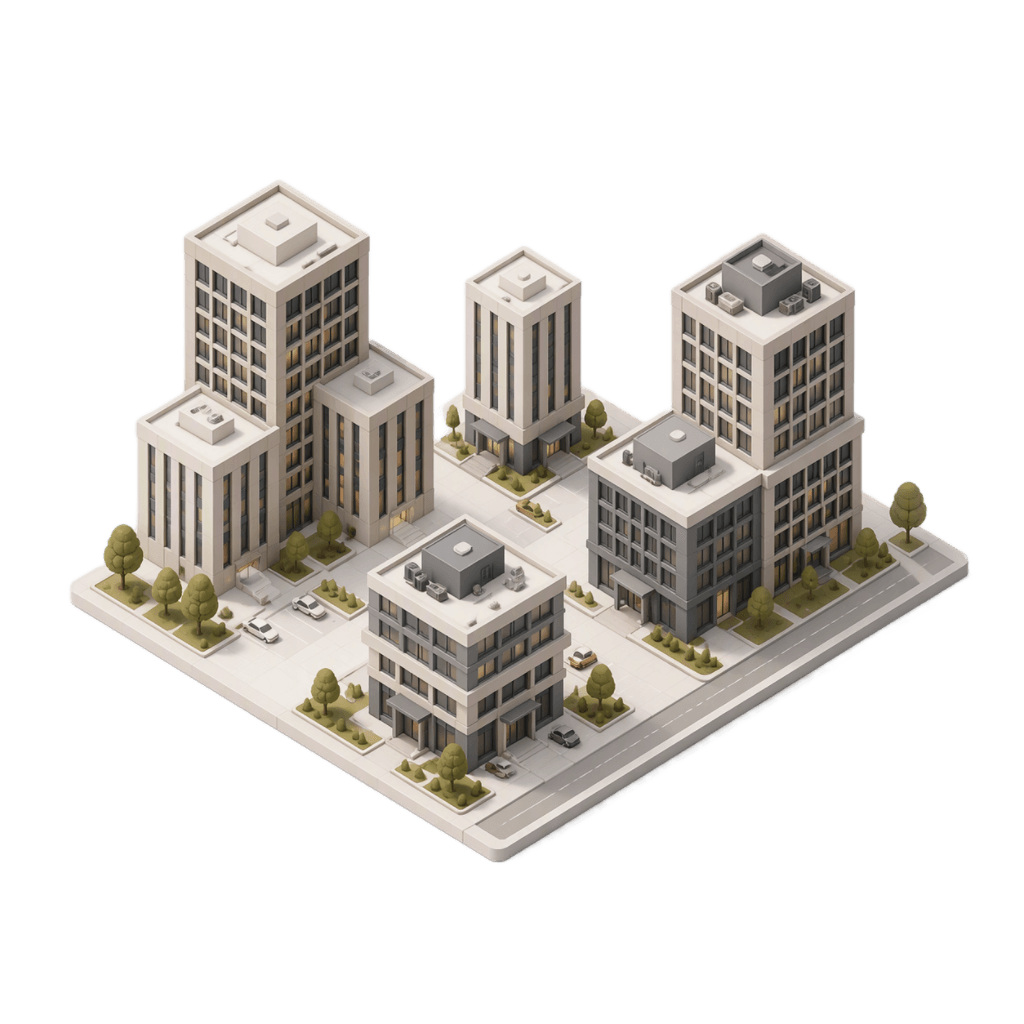 An isometric illustration of a modern office building complex