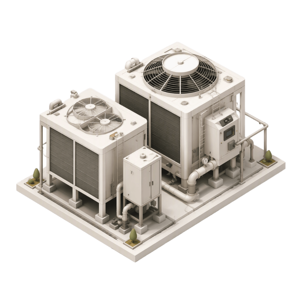 An isometric illustration of chiller and HVAC equipment