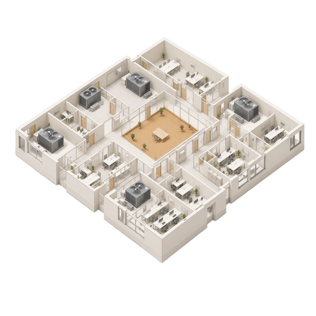 An isometric illustration of an open-plan office interior