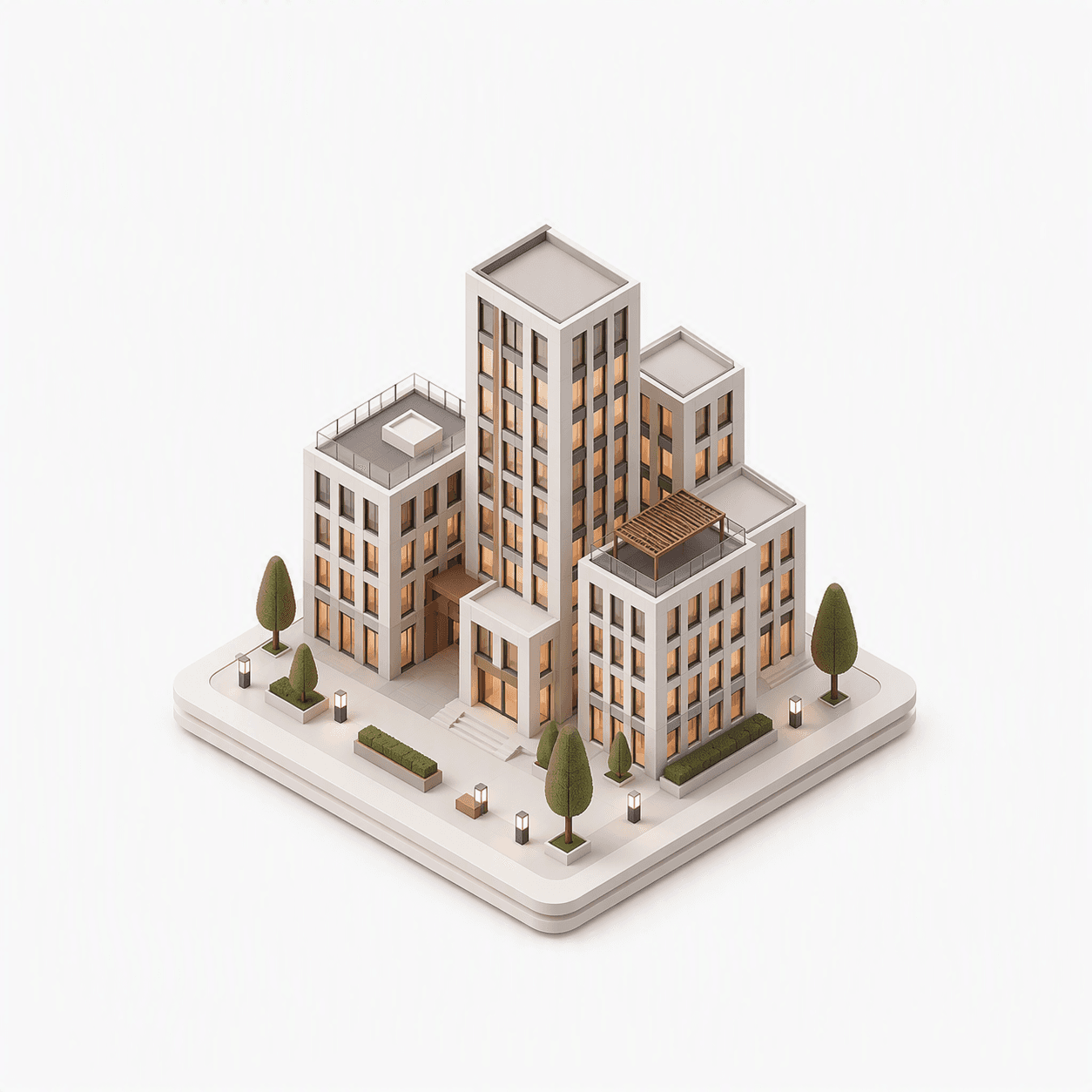 An isometric illustration of a modern office building complex with landscaped grounds