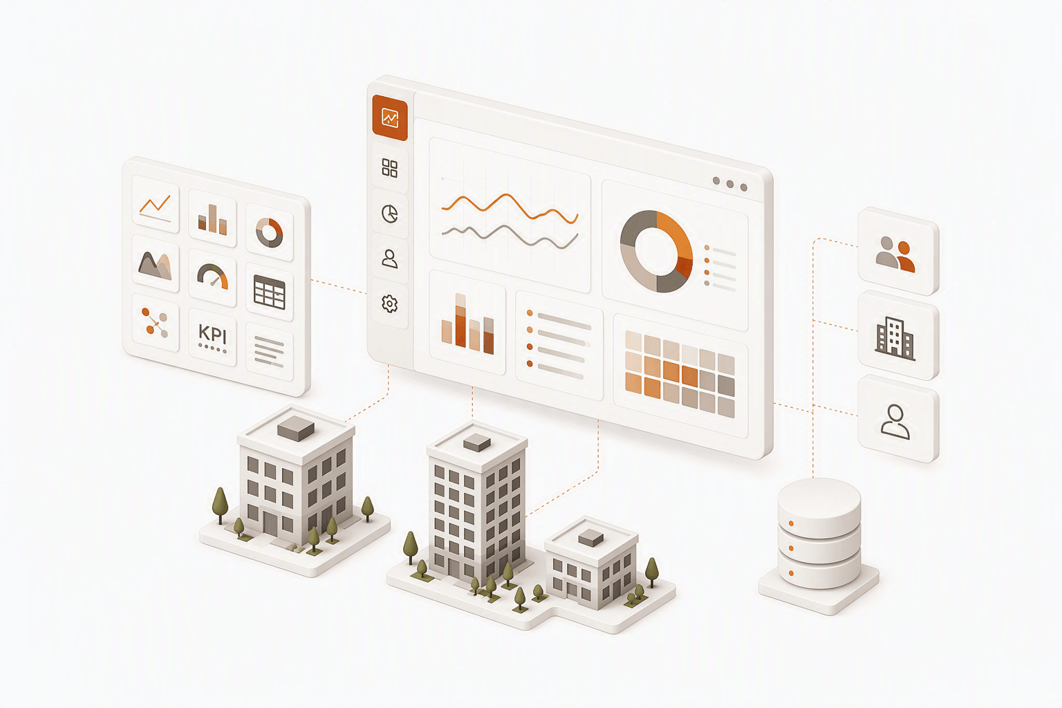 Illustration of a dashboard connecting building systems, cloud infrastructure, data and users