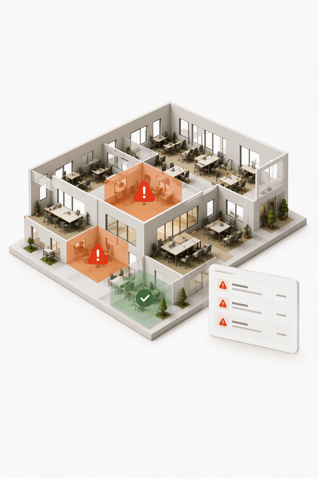 An isometric building floor plan with flagged zones and a panel listing operational alerts