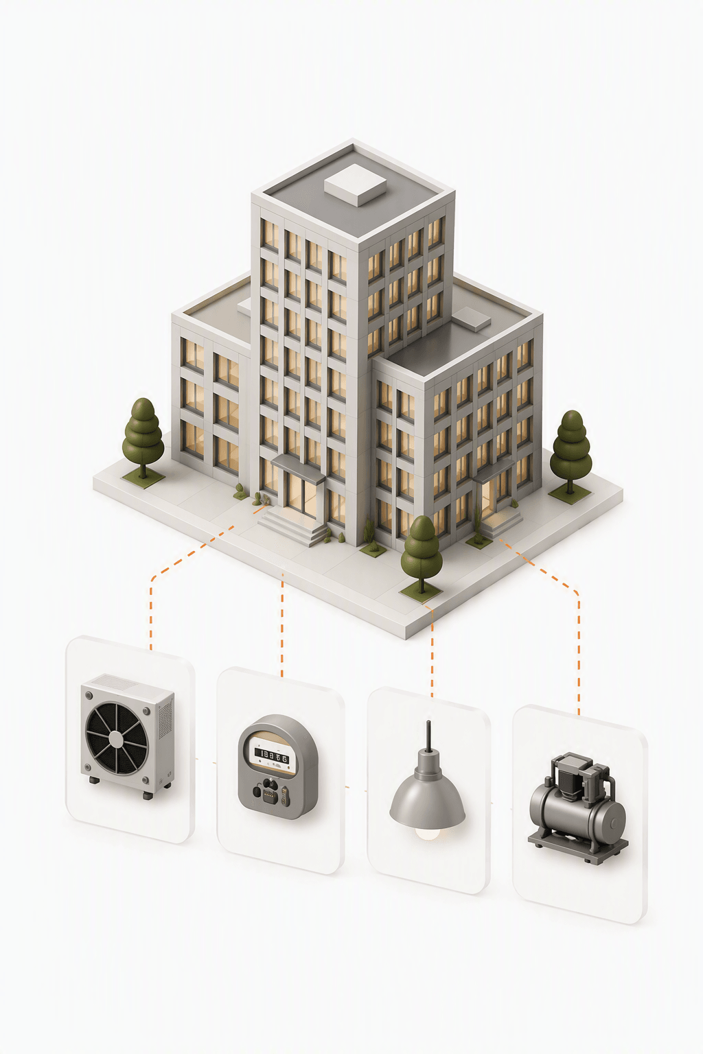 An isometric building connected to HVAC, metering, lighting and pump equipment cards