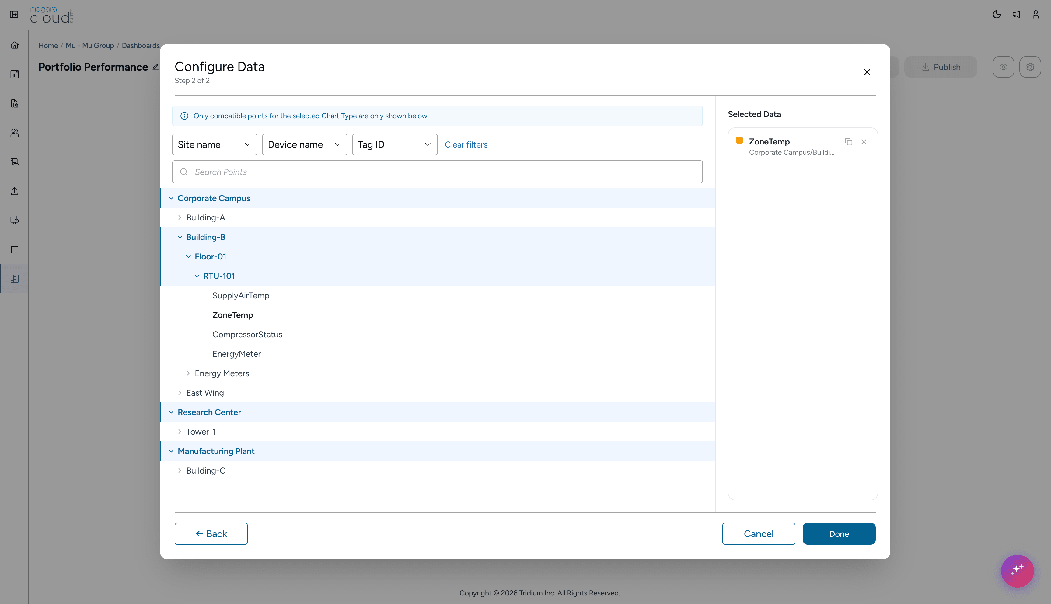 The Configure Data modal, showing a filtered point tree scoped to a building and RTU, with ZoneTemp selected