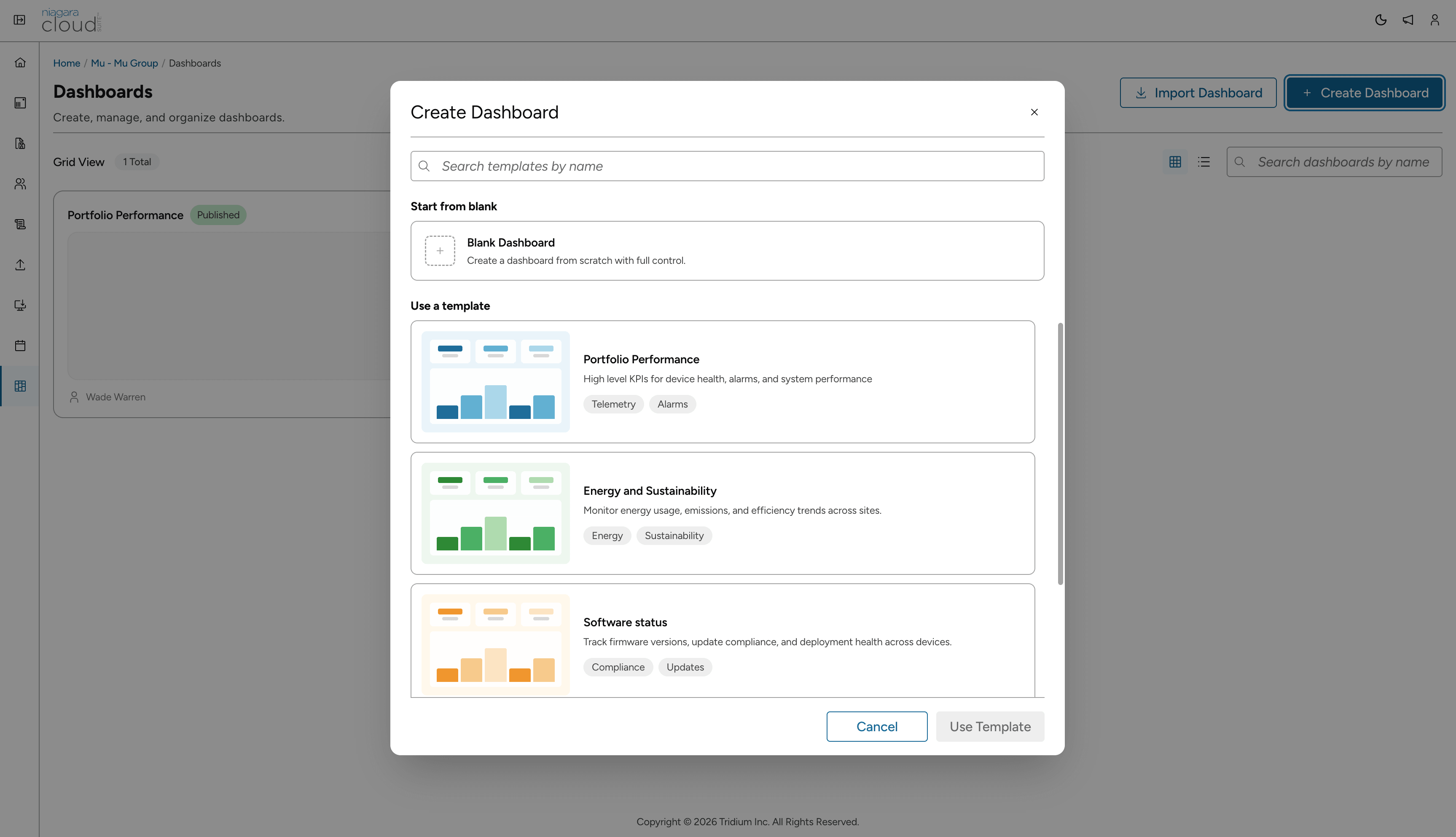 The Create Dashboard modal, showing a Blank Dashboard option and three dashboard templates: Portfolio Performance, Energy and Sustainability, and Software status