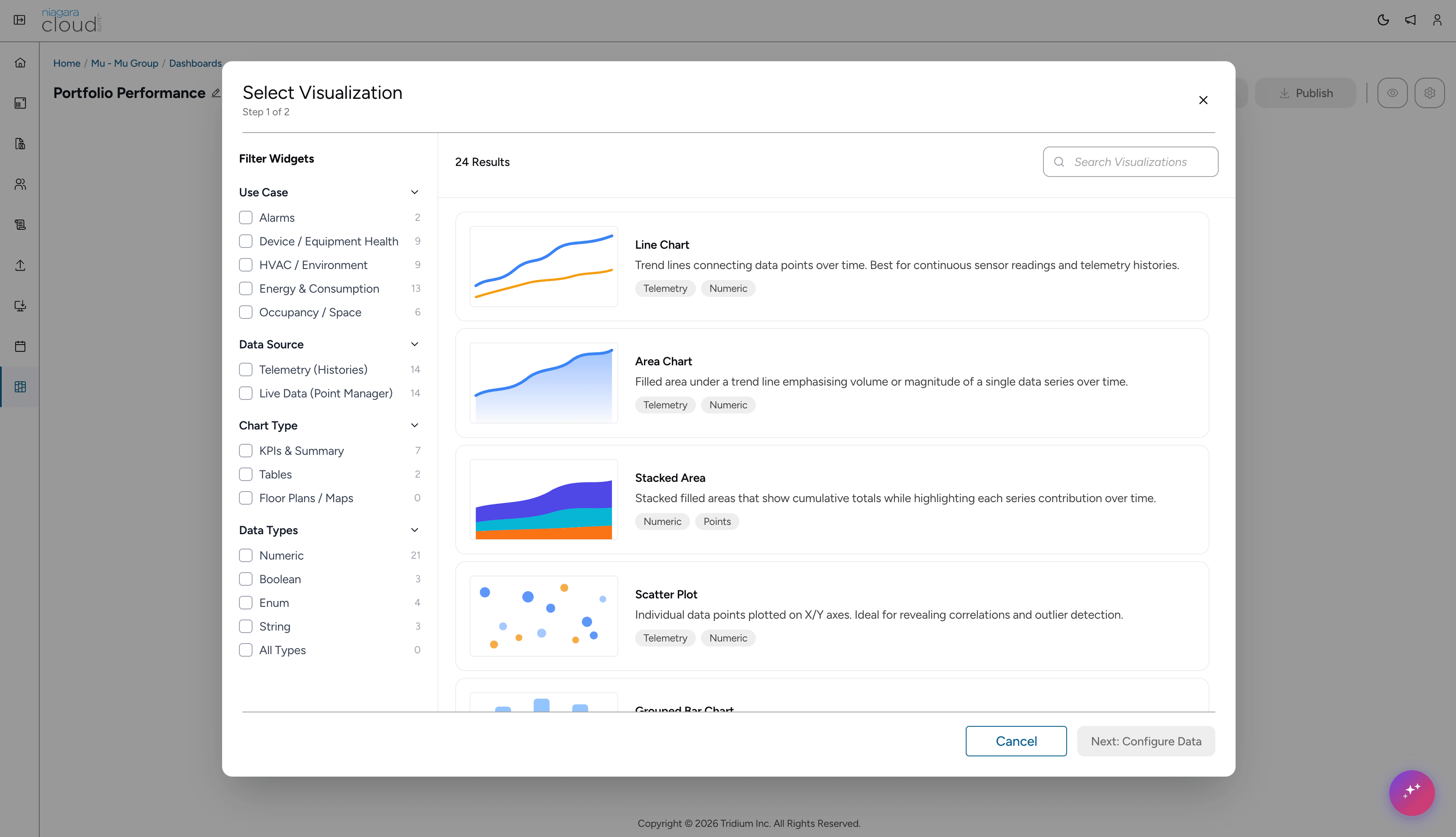 The Select Visualization modal, showing a filterable list of chart types including Line Chart, Area Chart, Stacked Area and Scatter Plot